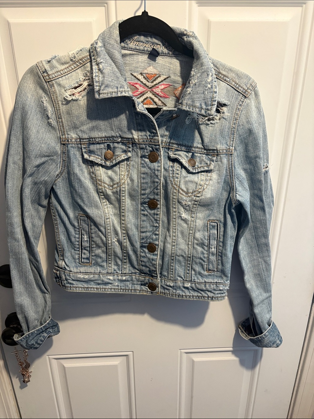 American Eagle Outfitters Light Wash Distressed Denim Jacket - Light Blue